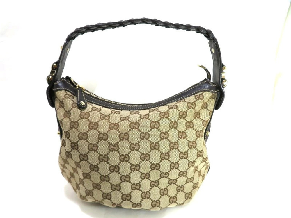 Gucci GG Hobo Bag Beige Cream Dark Brown Canvas Leather JH